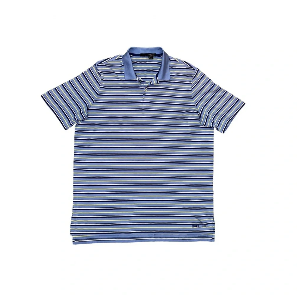 RLX Ralph Lauren Striped Performance Polo Shirt XL Blue Yellow White Stretch